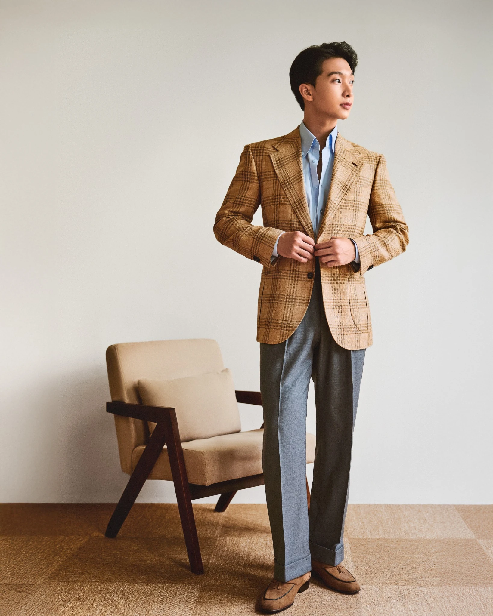 Áo Blazer kẻ ô Plaid màu Camel