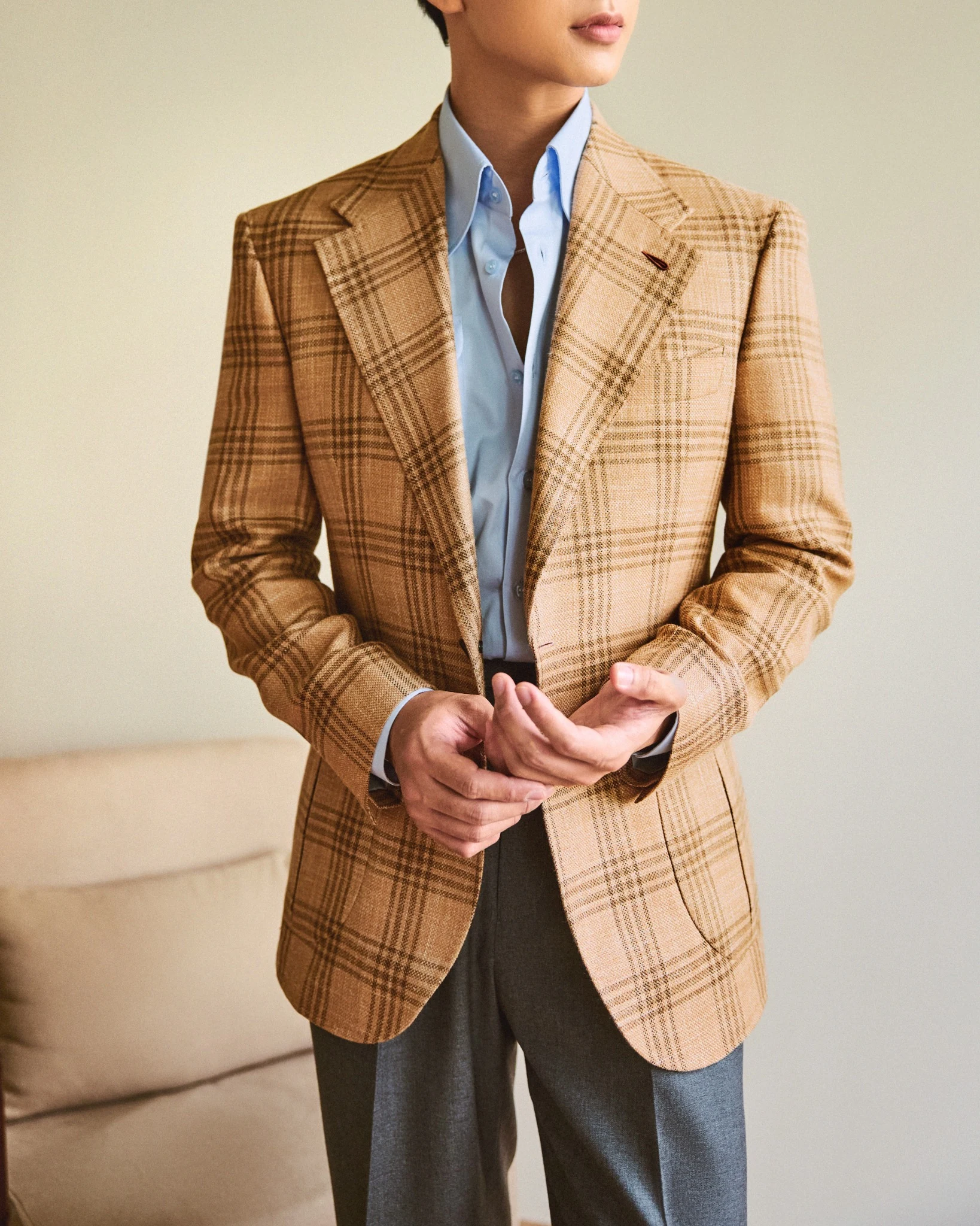Áo Blazer kẻ ô Plaid màu Camel